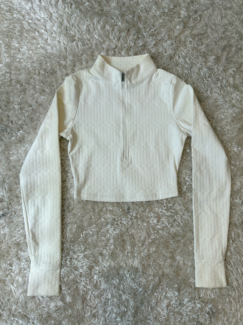 BuffBunny Cream Cropped Half-Zip Long Sleeve Textured Cute Athletic Gym Top